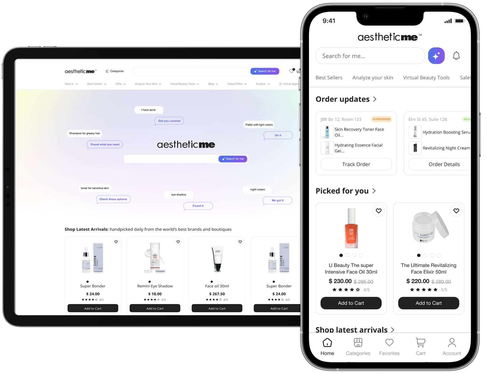 Aesthetic Me web storefront with AI search, and the app home, shown on tablet and phone.