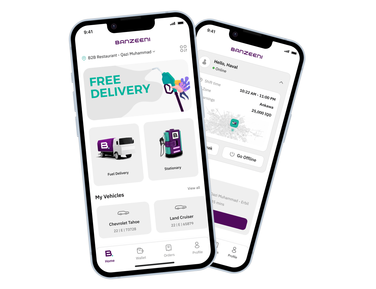Banzeeni customer app and pilot app home screens, shown on two phones.