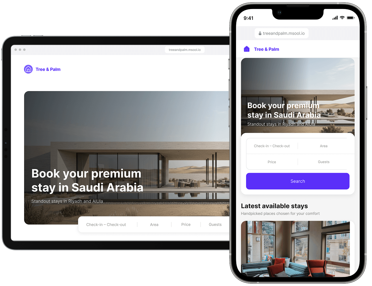 Msool direct booking website for a host, shown on tablet and phone.