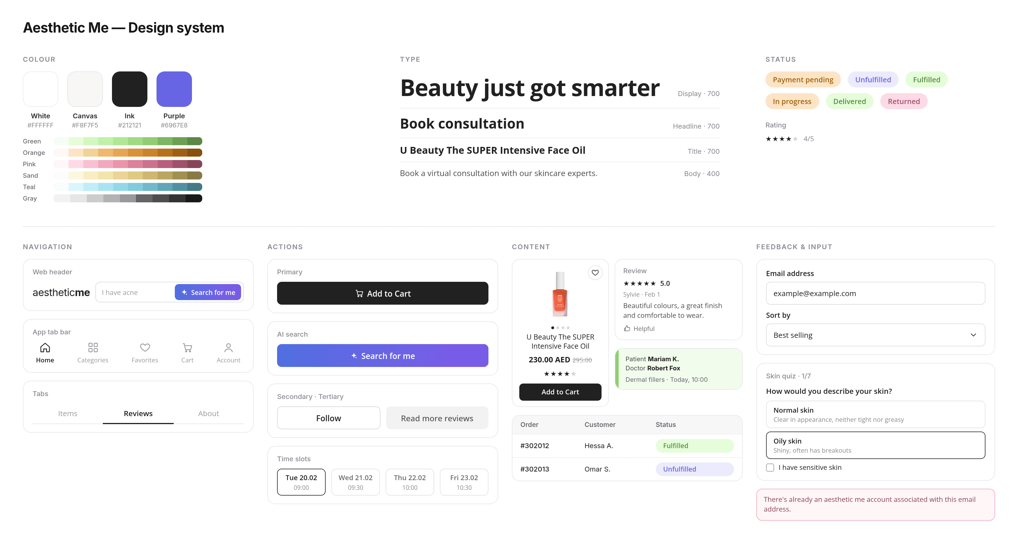Aesthetic Me design system board — palette, type, black primary button, inputs and status pills, shared across the web store, the app and the dashboards.