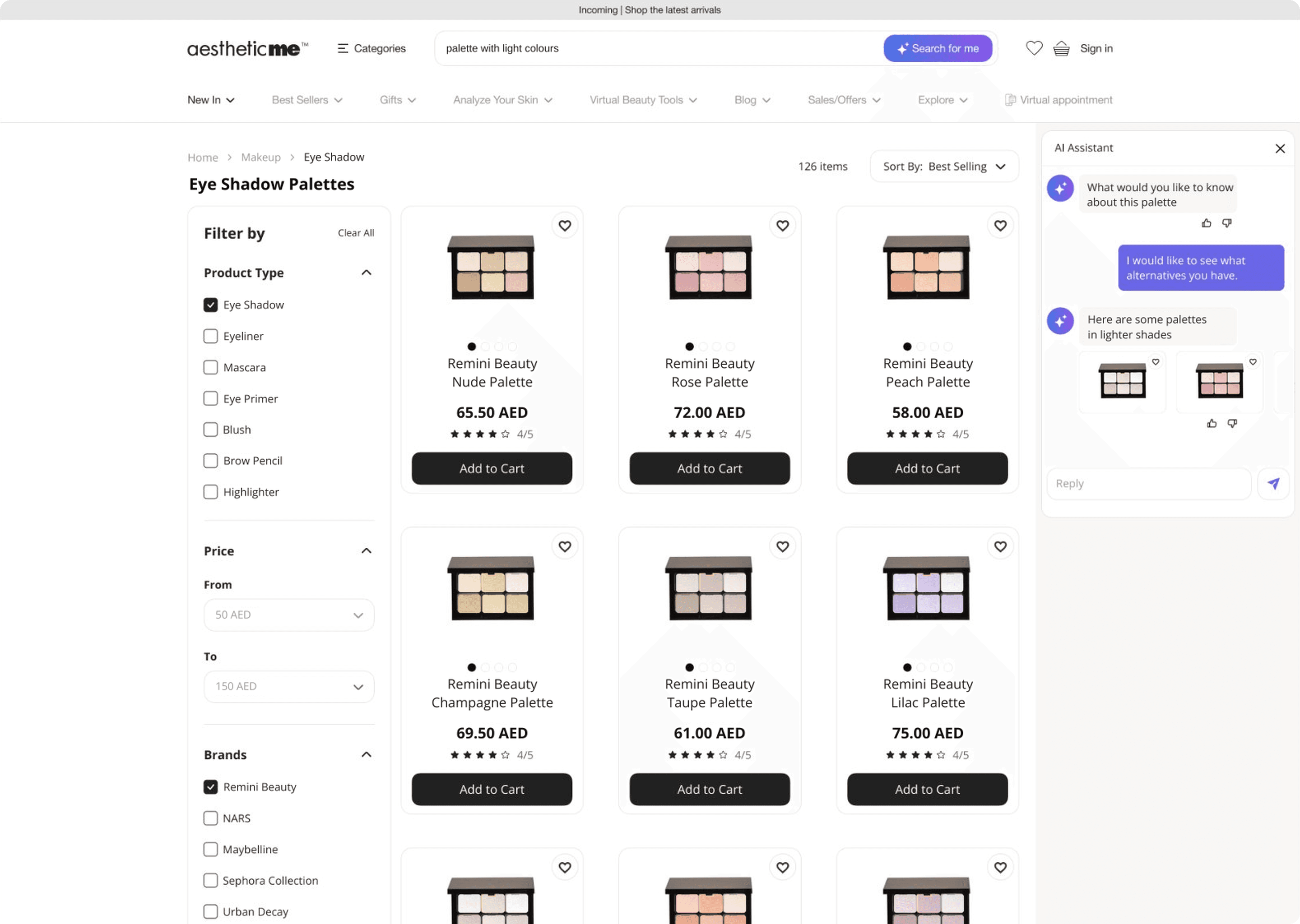 Aesthetic Me web search results for “palette with light colours”: eye shadow palettes filtered by type, price in AED and brand, with the AI Assistant suggesting palettes in lighter shades.