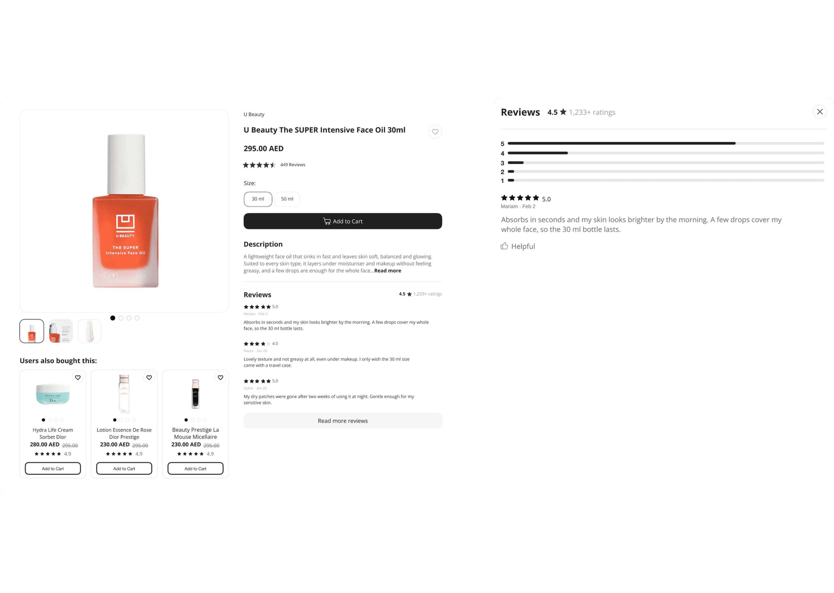 Aesthetic Me product page for U Beauty The SUPER Intensive Face Oil, priced in AED with recent reviews under the description, next to the full reviews panel with a rating breakdown and a helpful vote.