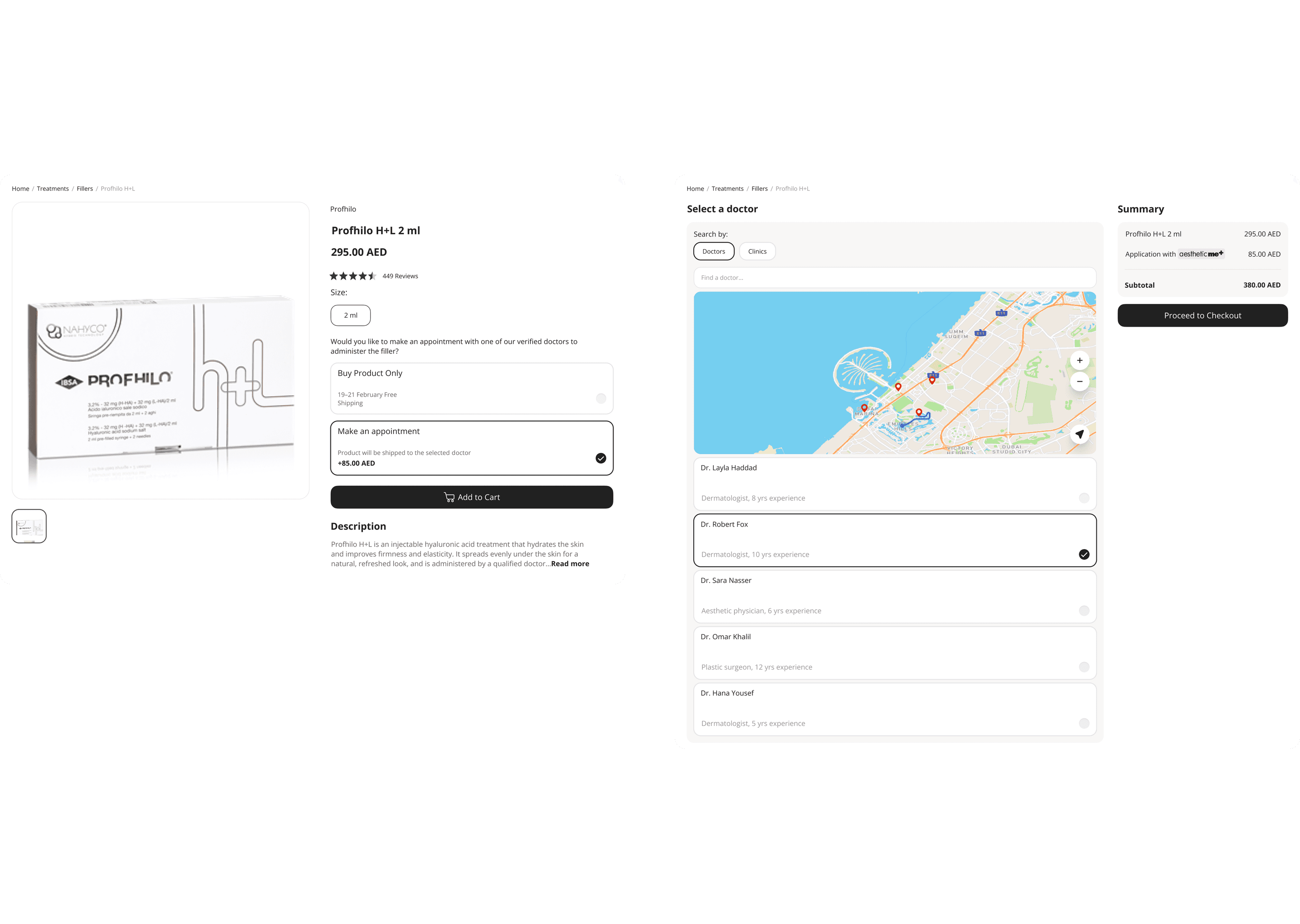 Aesthetic Me filler product page for Profhilo H+L with the Make an appointment option selected, next to the Select a doctor screen with a map, a list of verified doctors and Dr. Robert Fox selected.