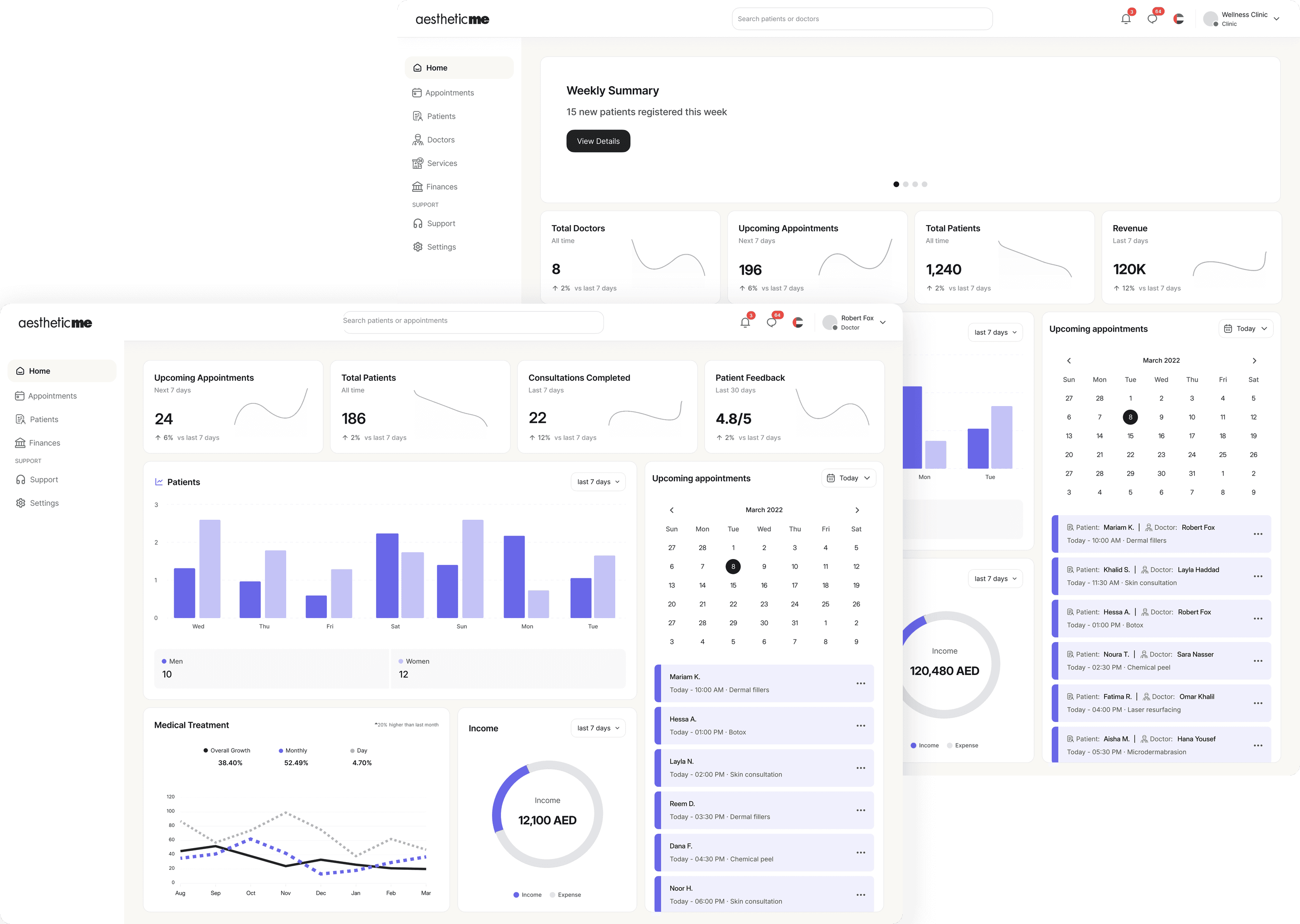Aesthetic Me clinic and doctor dashboards for March 2022: the clinic sees every doctor's appointments, and Dr. Robert Fox sees his own day, both starting with Mariam K. at 10:00 for dermal fillers.