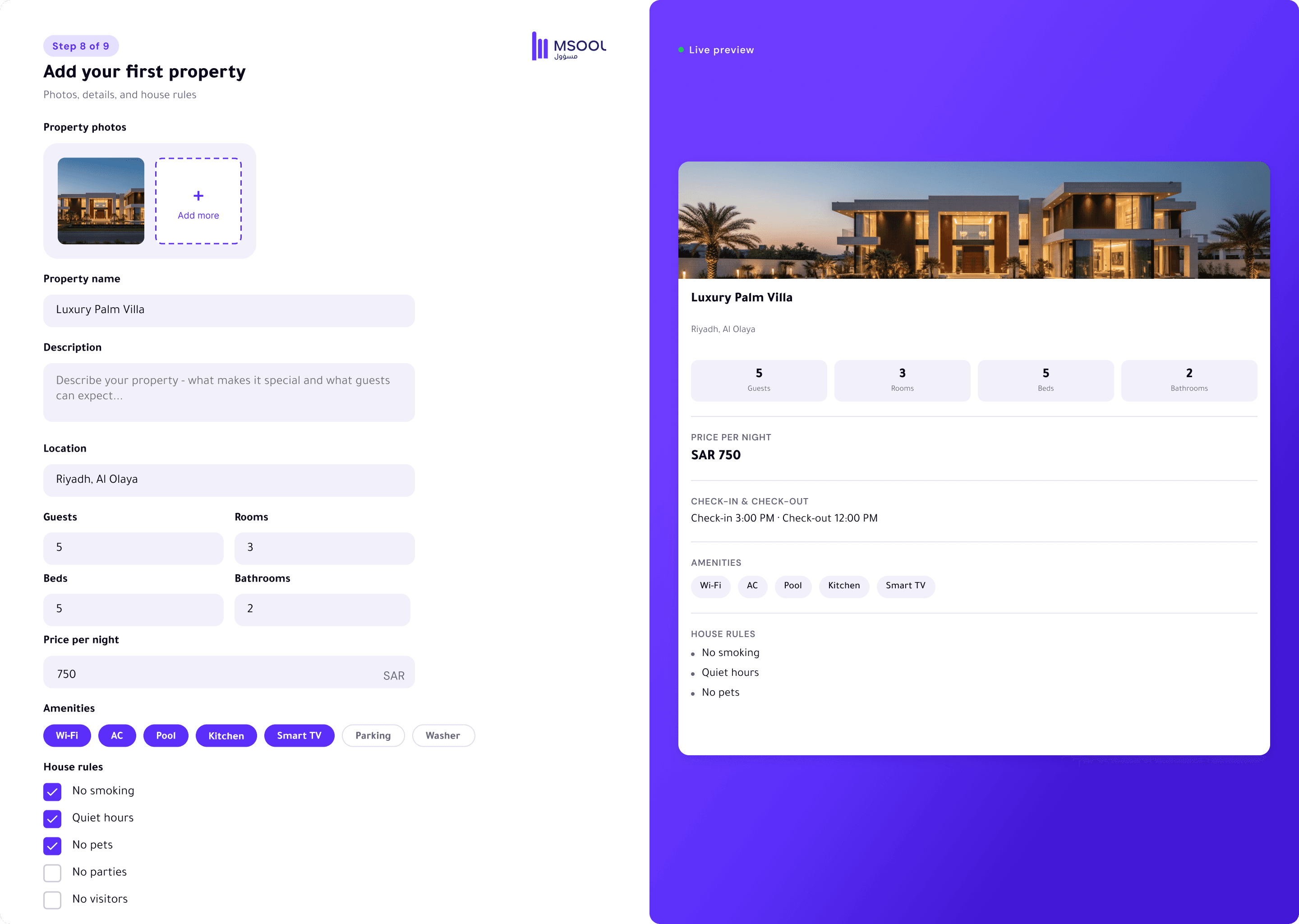 Msool onboarding step 8 — add your first property, with the live preview updating alongside the form
