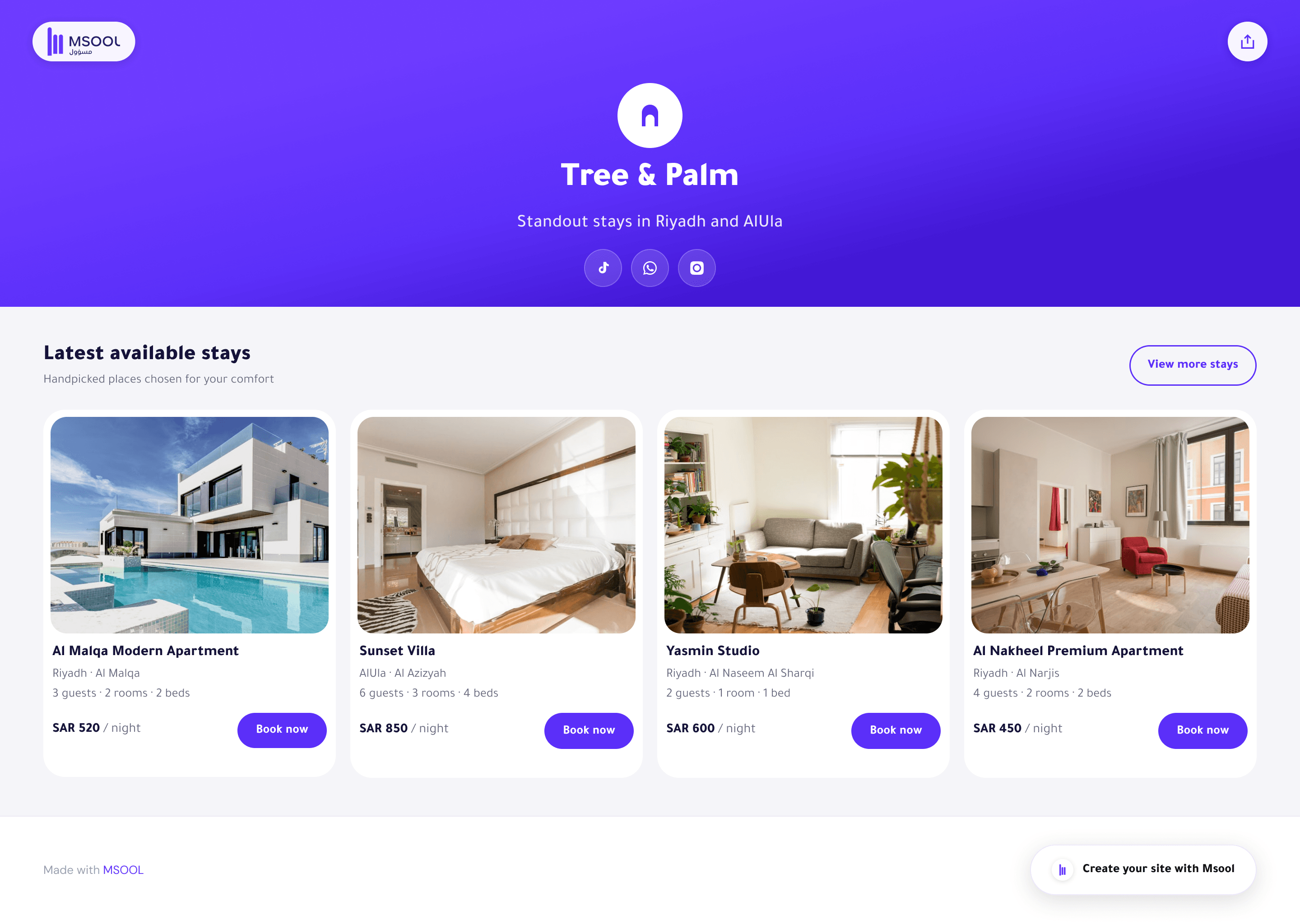 Msool host landing page on desktop — identity, social links, and four property cards