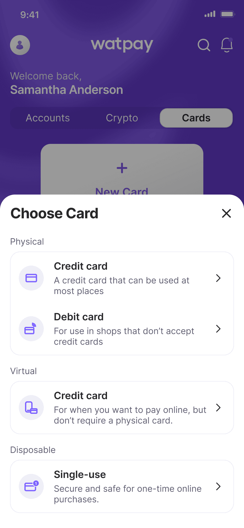 WatPay card sheet — choosing a virtual, physical or single-use card