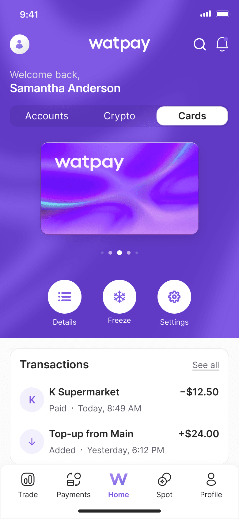 WatPay card detail — the card with its settings in one place
