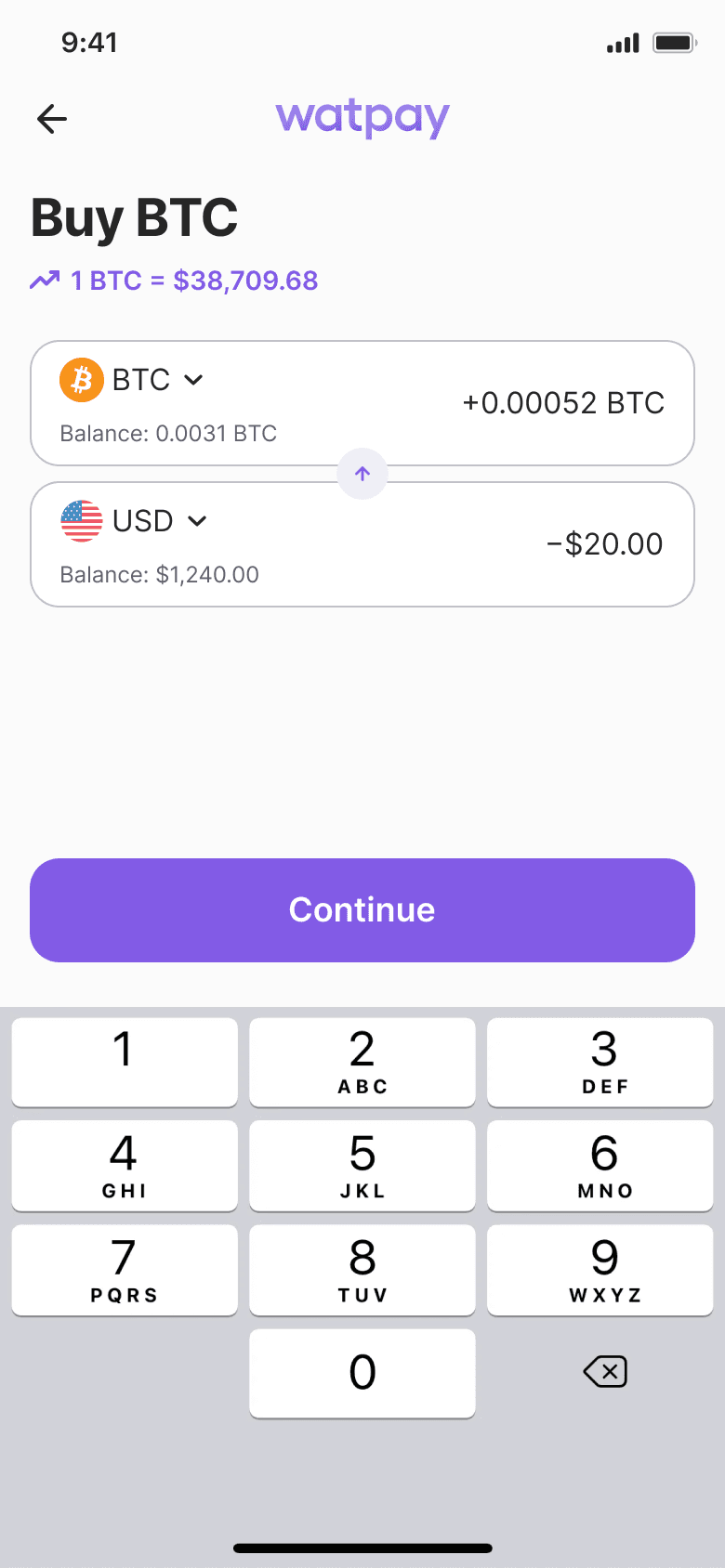WatPay buy flow — amount entry using the same pattern as adding fiat