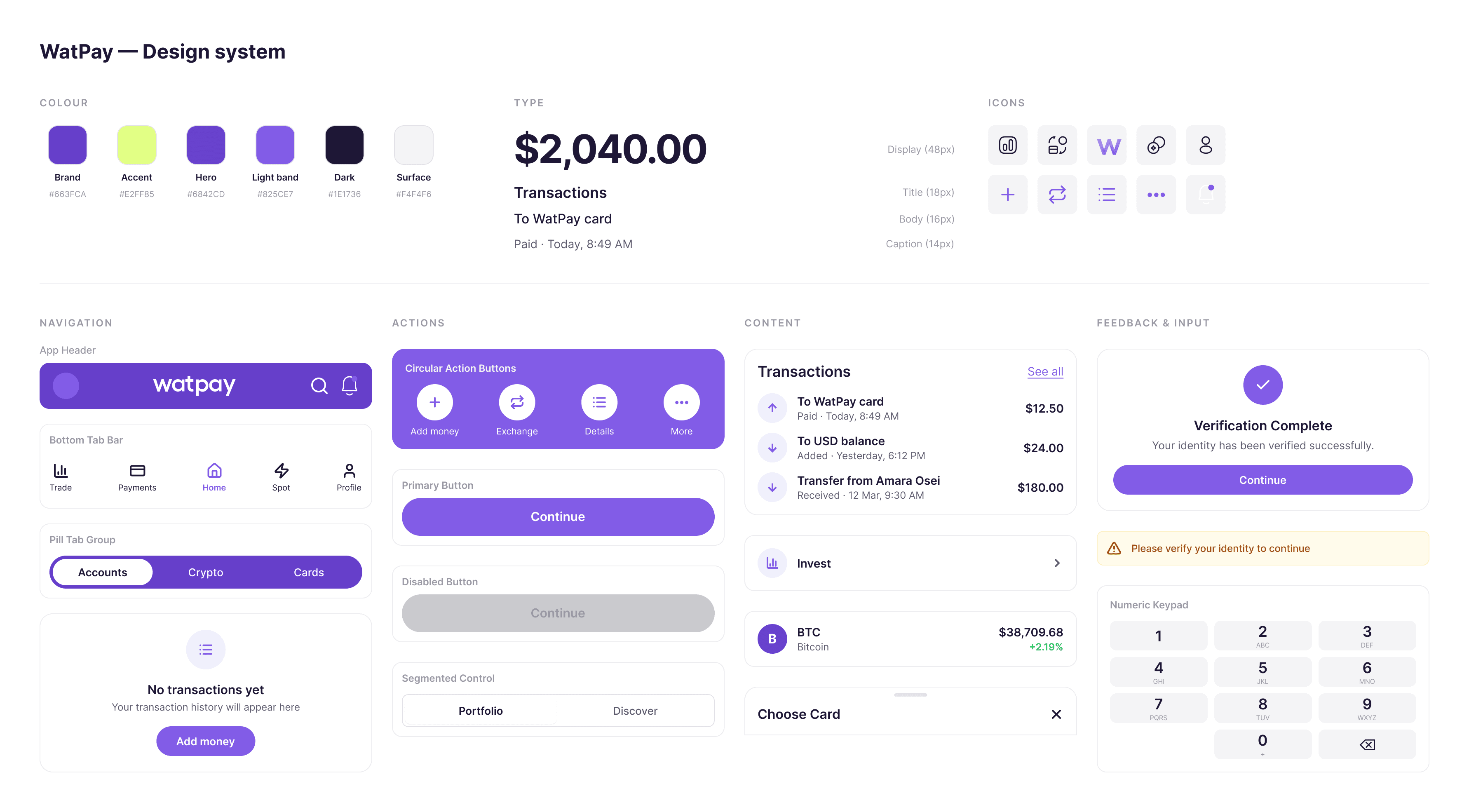 WatPay design system board — colour, type, tab bar, cards, rows and sheets shared across the app and web platform