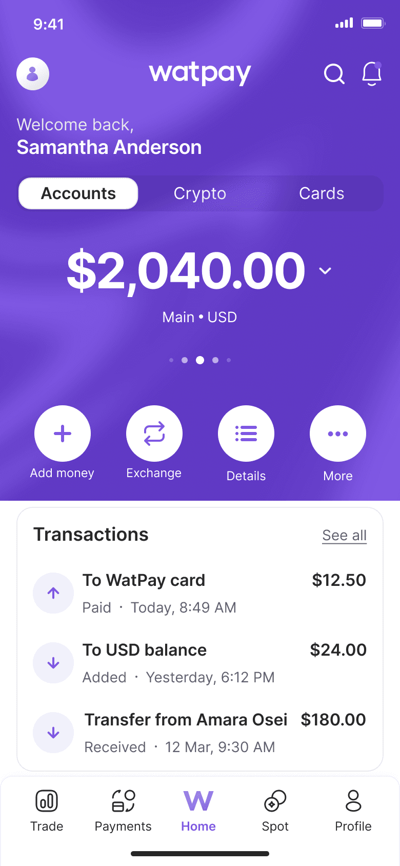 WatPay home screen — balance-first account card with the accounts, crypto and cards tabs above it