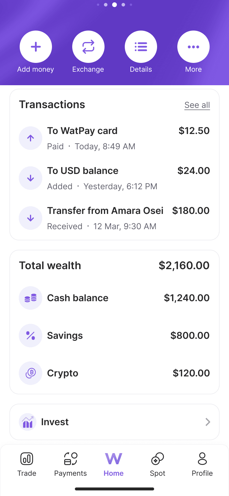 WatPay home screen scrolled — header dropped, tab bar kept, recent transactions and total wealth