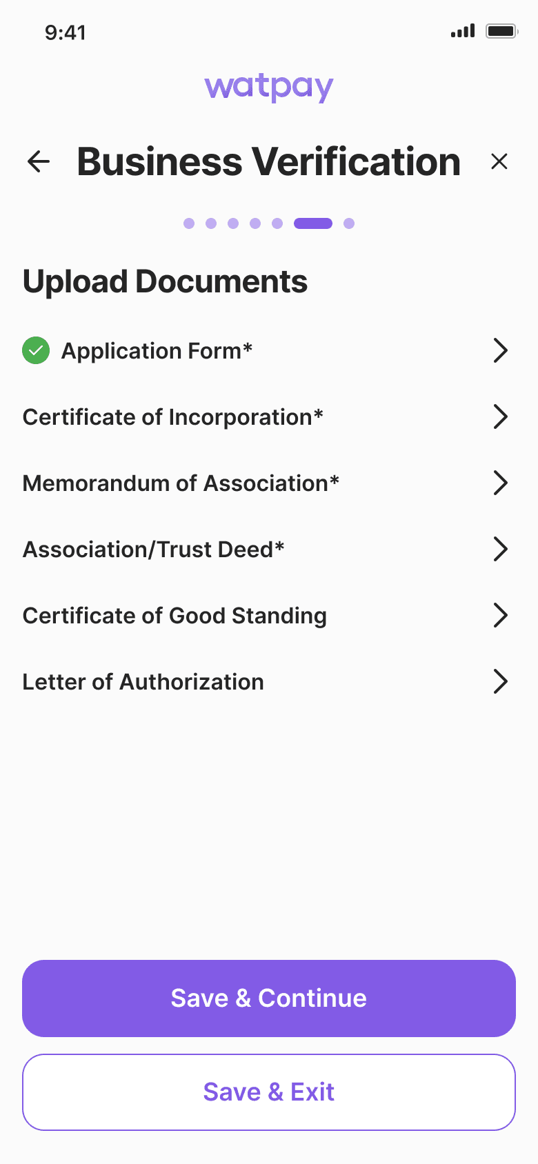 WatPay business verification — seven sections from significant parties to uploaded certificates