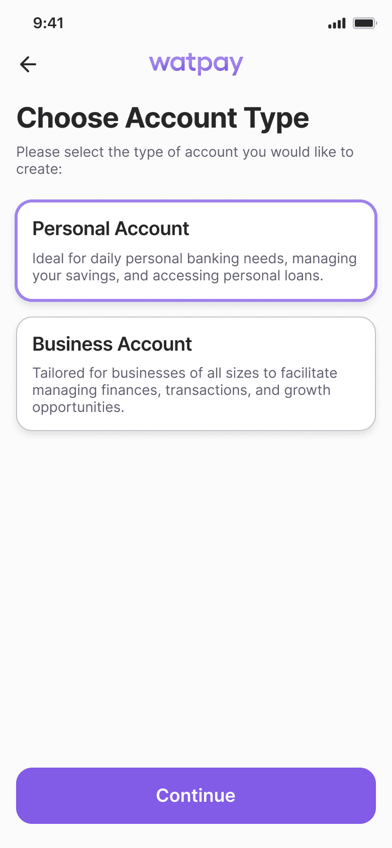 WatPay verification — choosing between a personal and a business account