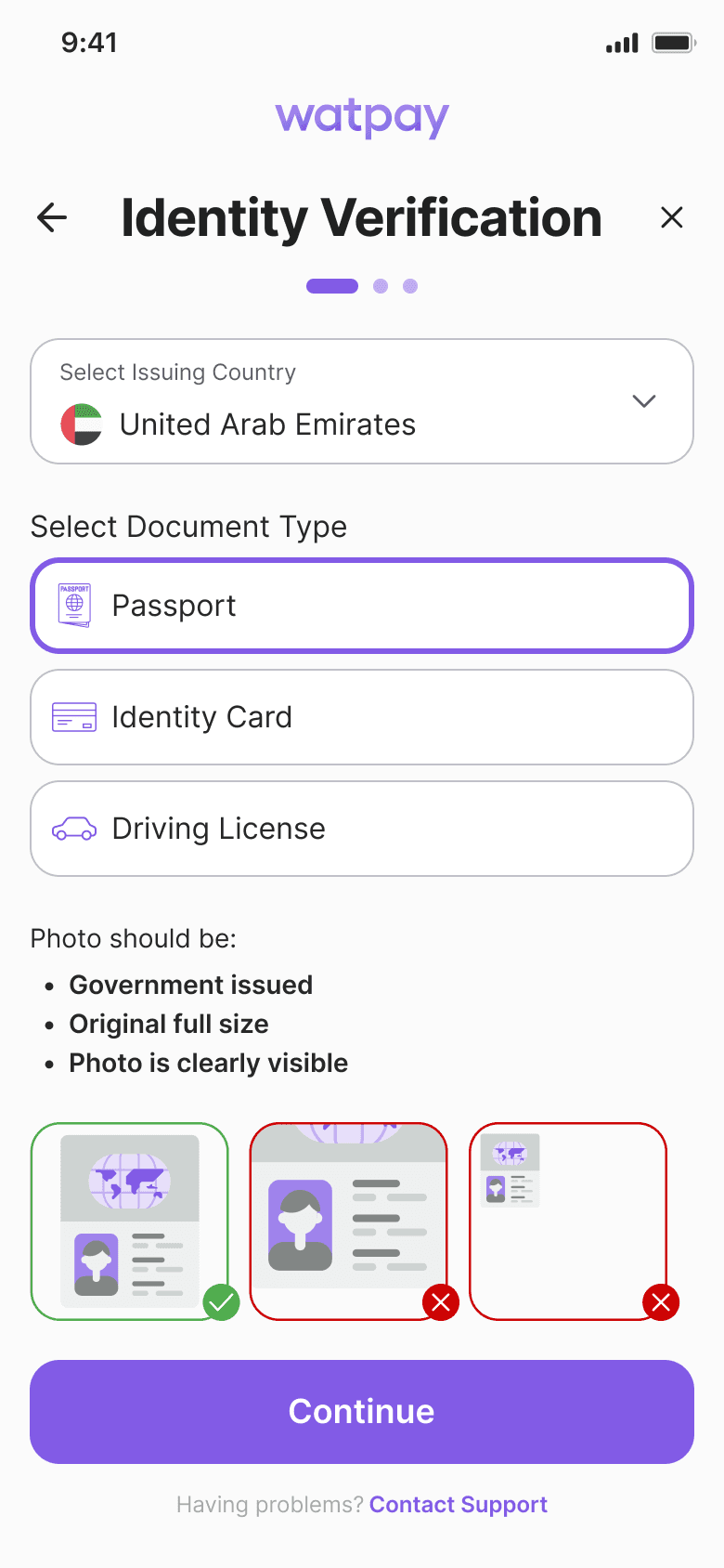 WatPay personal verification — document type, capture and liveness in ten screens