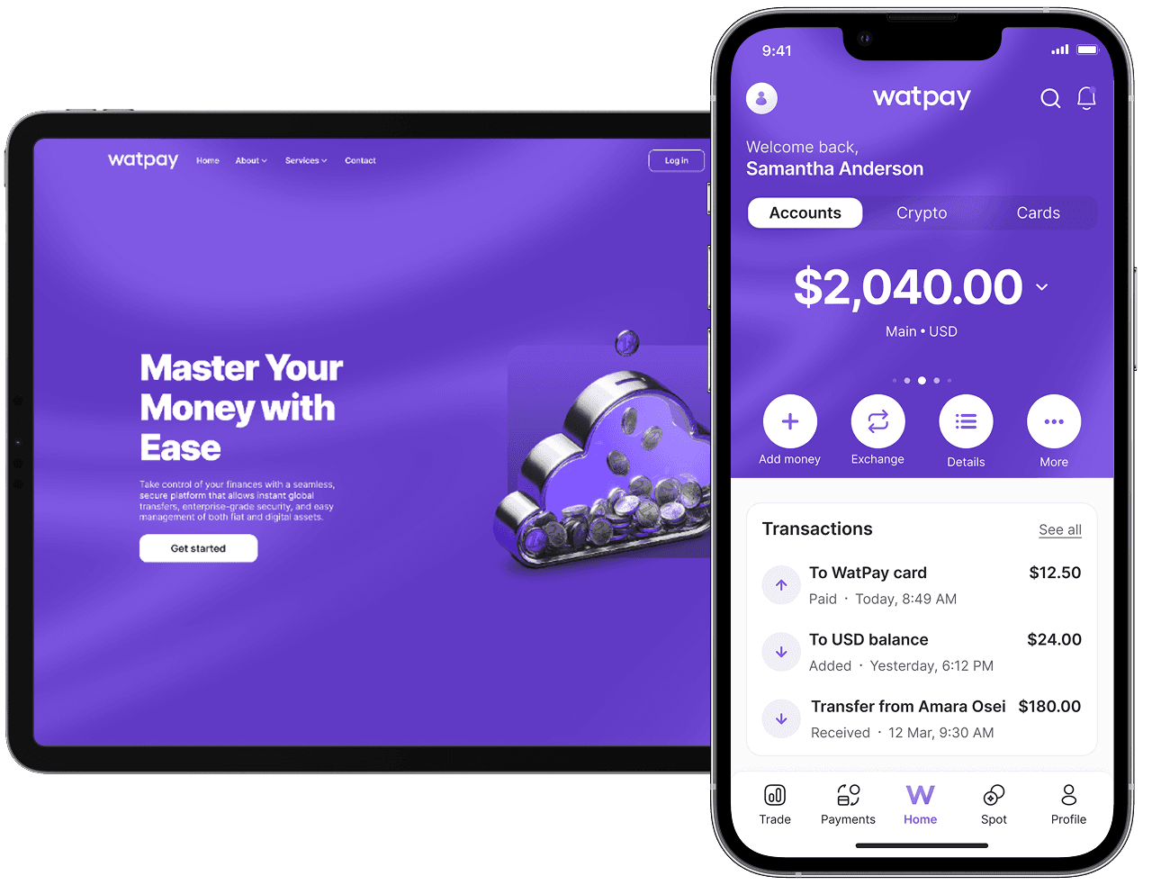WatPay — payments platform shown on tablet and phone
