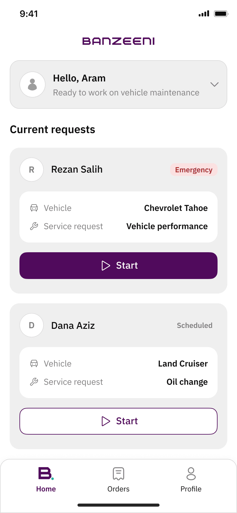 Banzeeni mechanic home screen