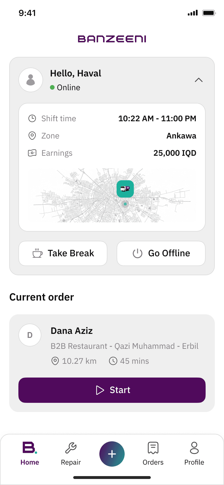 Banzeeni pilot home screen
