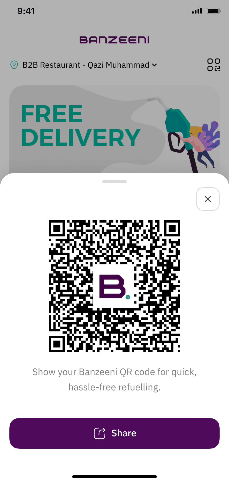 Banzeeni customer QR code screen